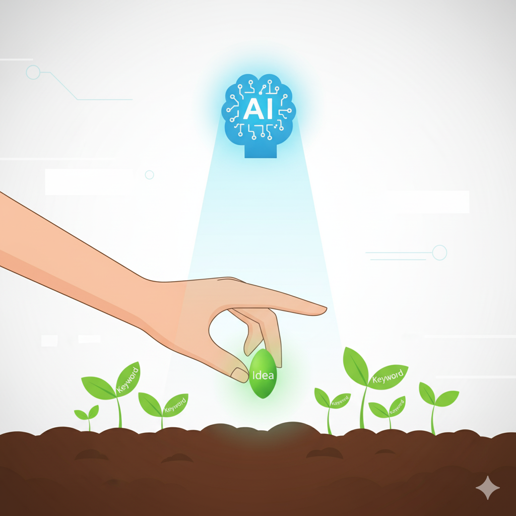 AI가 아이디어 씨앗에 빛을 비춰 키워드 새싹을 틔우는 과정을 표현한 그래픽 이미지