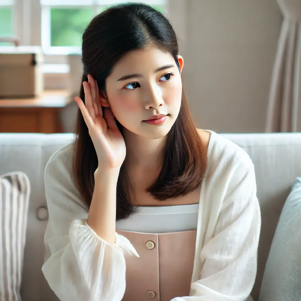 밝은 거실에서 귀 뒤를 만지며 걱정하는 동양인 젊은 여성