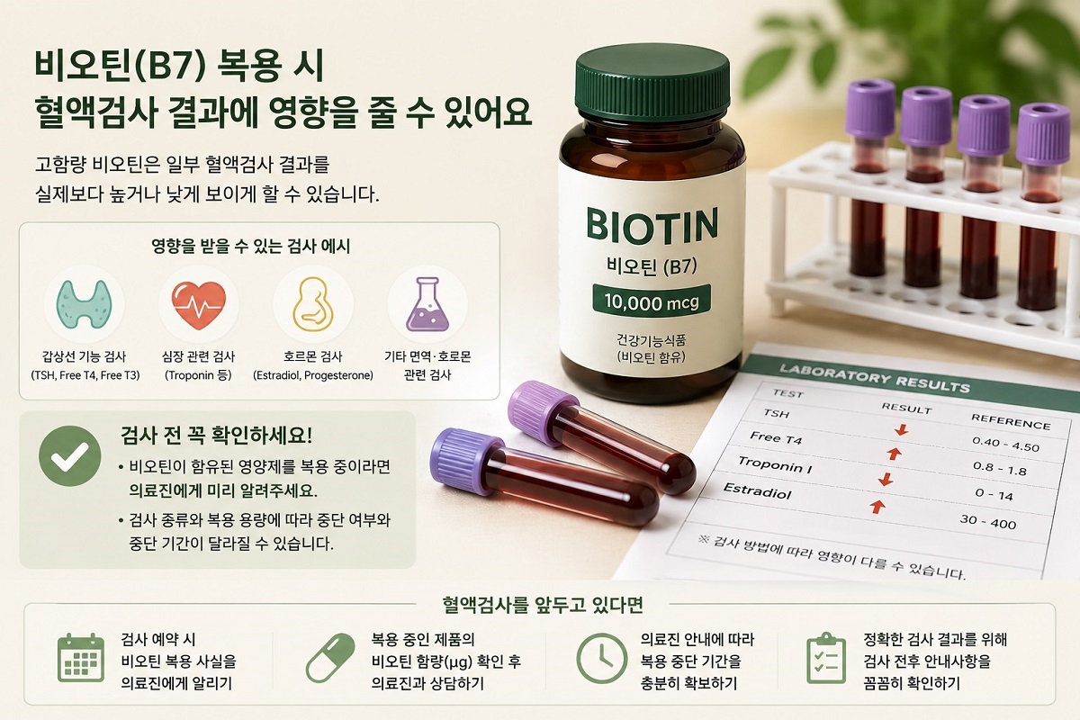비오틴 영양제 용기와 혈액검사 채혈관을 함께 확인하는 모습