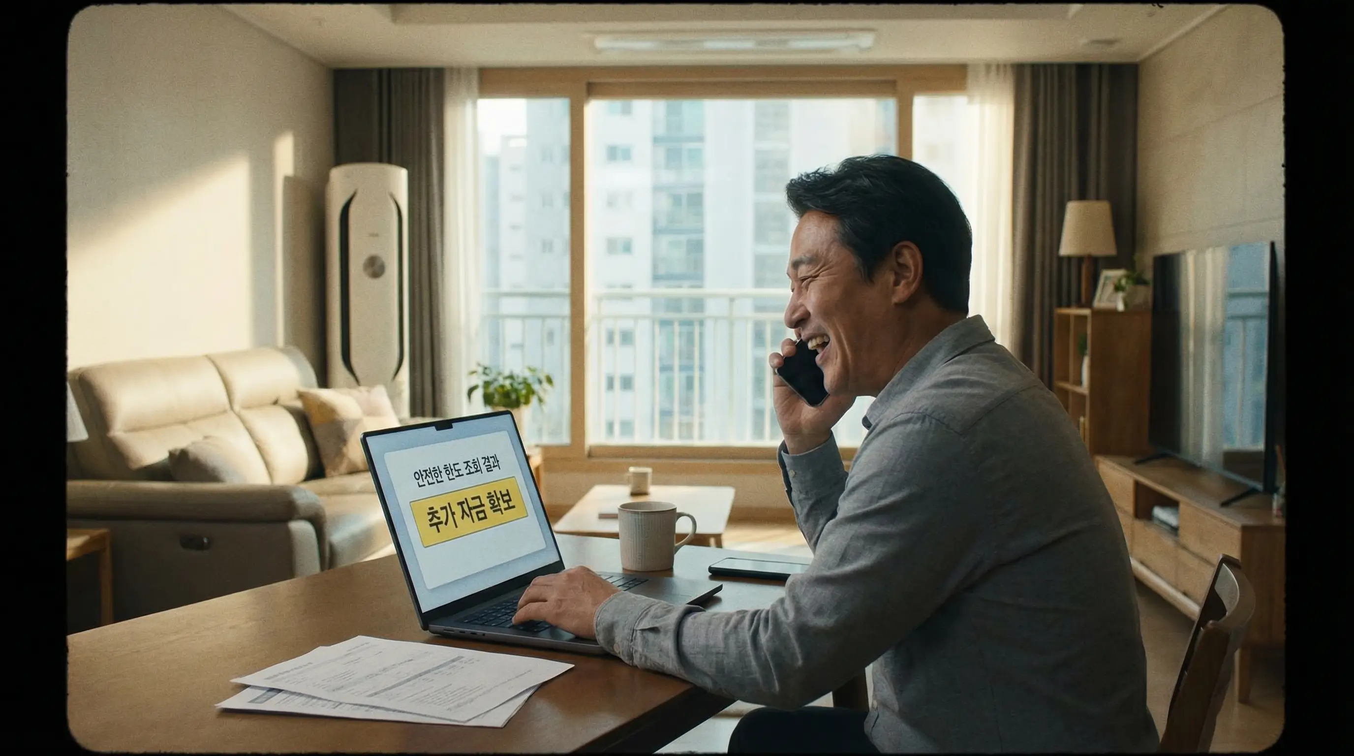 안전한 한도 조회를 통해 아파트 추가 자금을 확보하고 안도하는 집주인의 모습