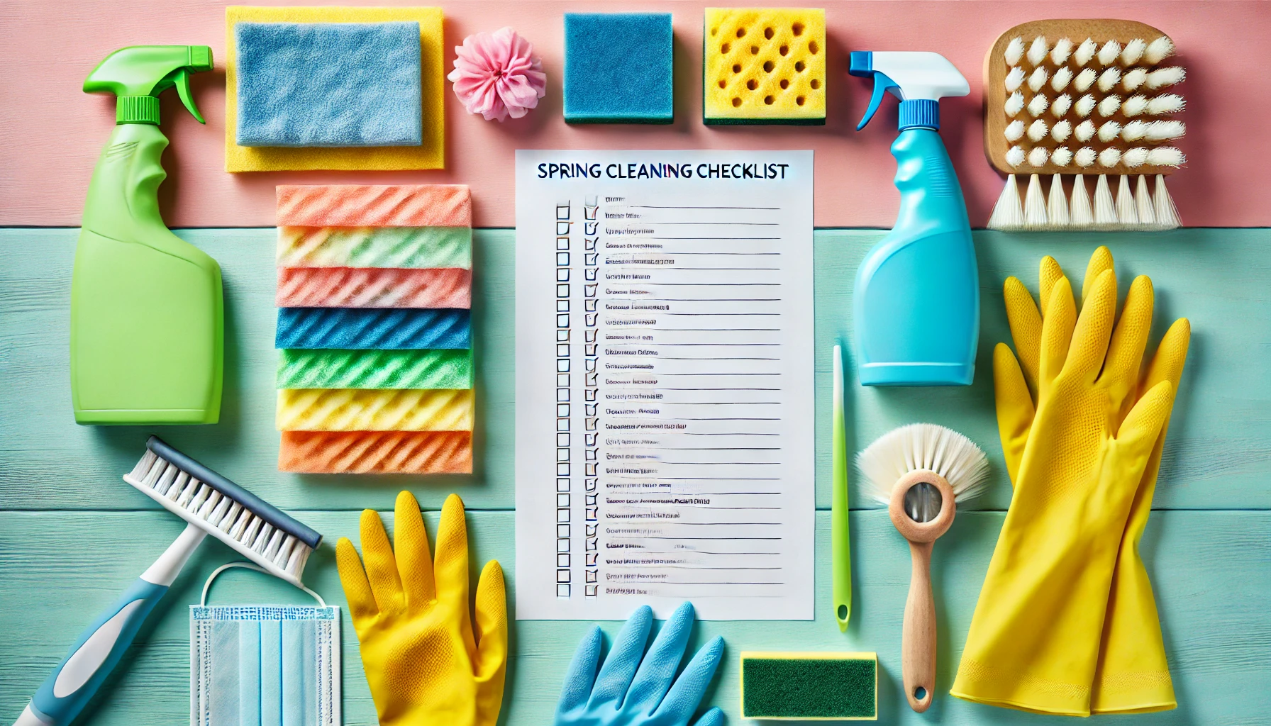 청소도구와 함께한 체크리스트 플랫레이 이미지