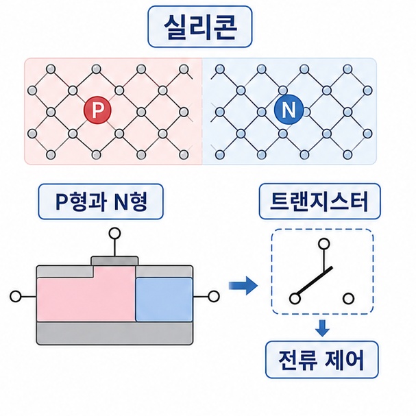 실리콘의 P형과 N형 영역을 이용한 트랜지스터가 전류를 켜고 끄는 역할을 하는 모습을 보여주는 그림