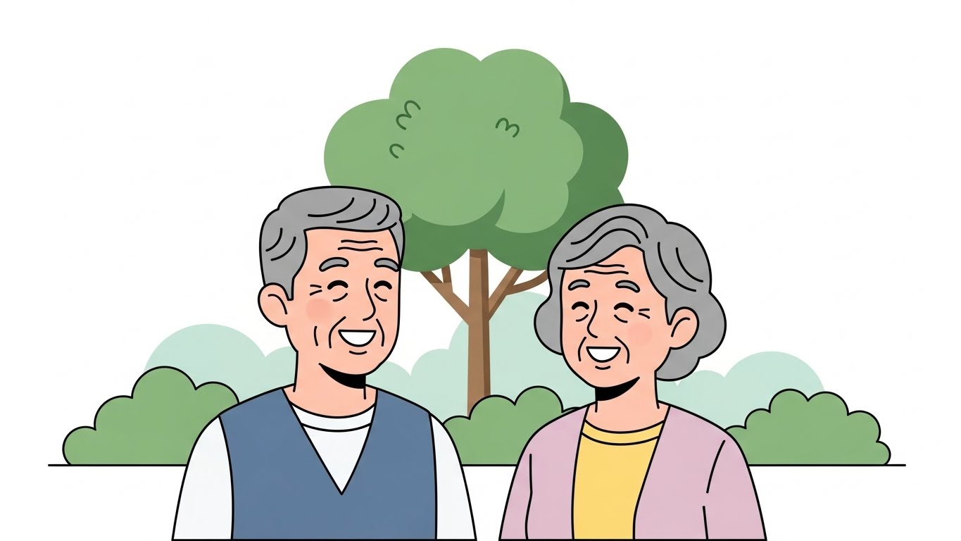 체계적인 국가 복지 시스템의 도움을 받아 평온하고 행복한 노후를 보내는 한국인 노부부의 모습