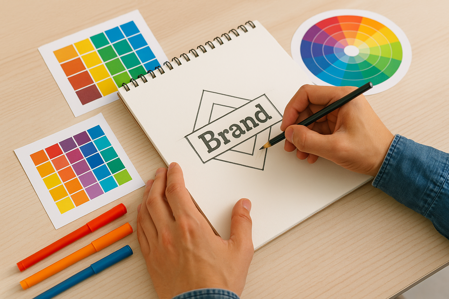 노트에 브랜드 로고를 스케치하며 색채 팔레트와 컬러 휠을 참고하는 손의 모습, 디자인 작업 과정 장면.