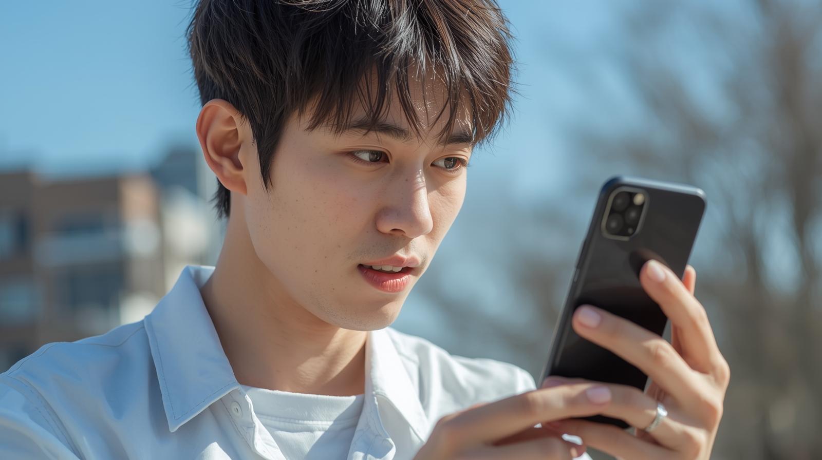 스마트폰으로 중고제품을 등록하는 젊은 남성 모습