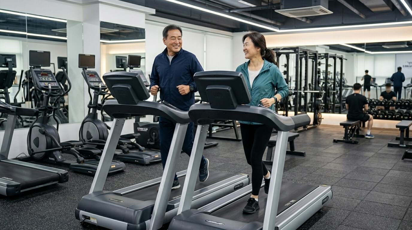 헬스장에서 가볍게 운동을 시작하는 중년 남녀