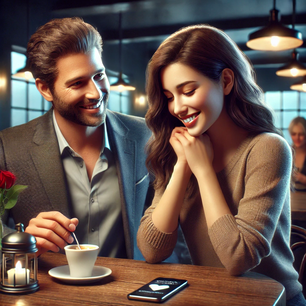 한 남성이 여성에게 진심 어린 칭찬을 하며 미소 짓는 장면