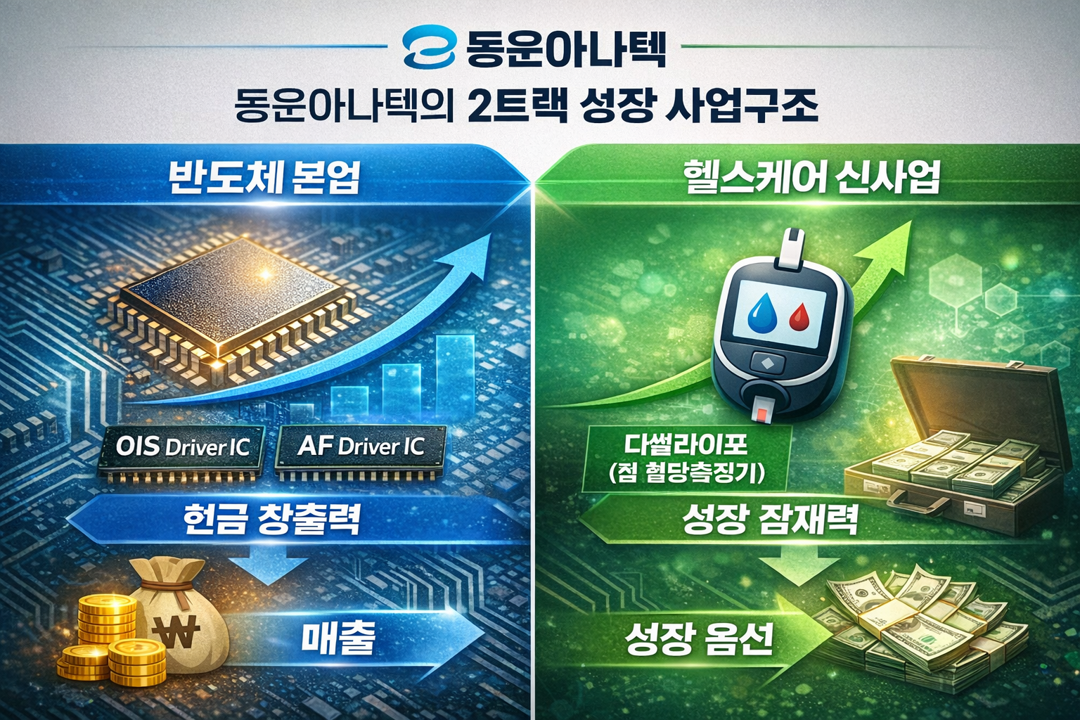 동운아나텍의 반도체 본업과 디썰라이프 신사업을 2트랙으로 비교한 사업 구조 인포그래픽