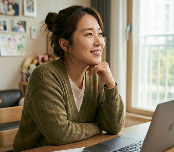 아이의 미래를 꿈꾸는 듯한 따뜻한 미소를 띄고 있는 모습