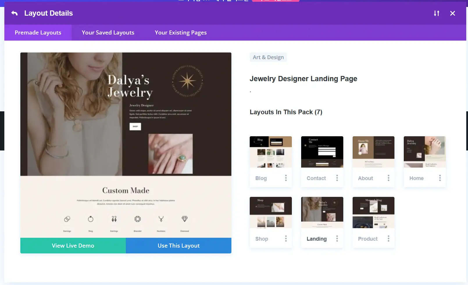 워드프레스 Divi 테마 레이아웃 팩 - 주얼리 디자이너