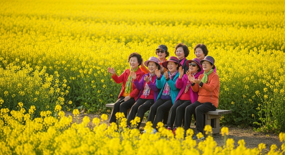 벤치에 앉아 사진 찍은 사람들