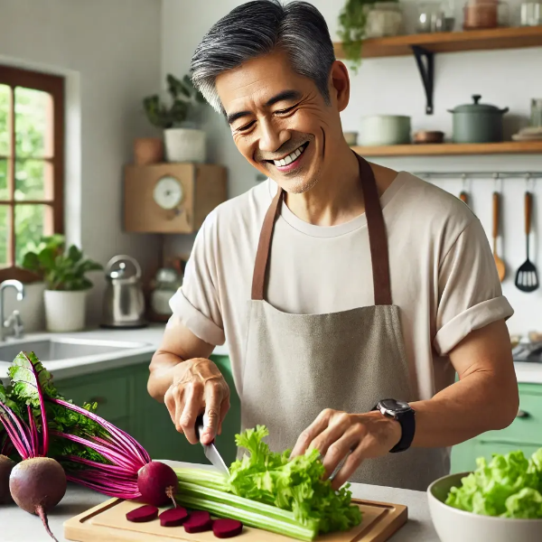 밝은 주방에서 비트와 잎채소로 건강 샐러드를 준비하며 미소 짓는 동양인 중년 남성의 초고해상도 사진