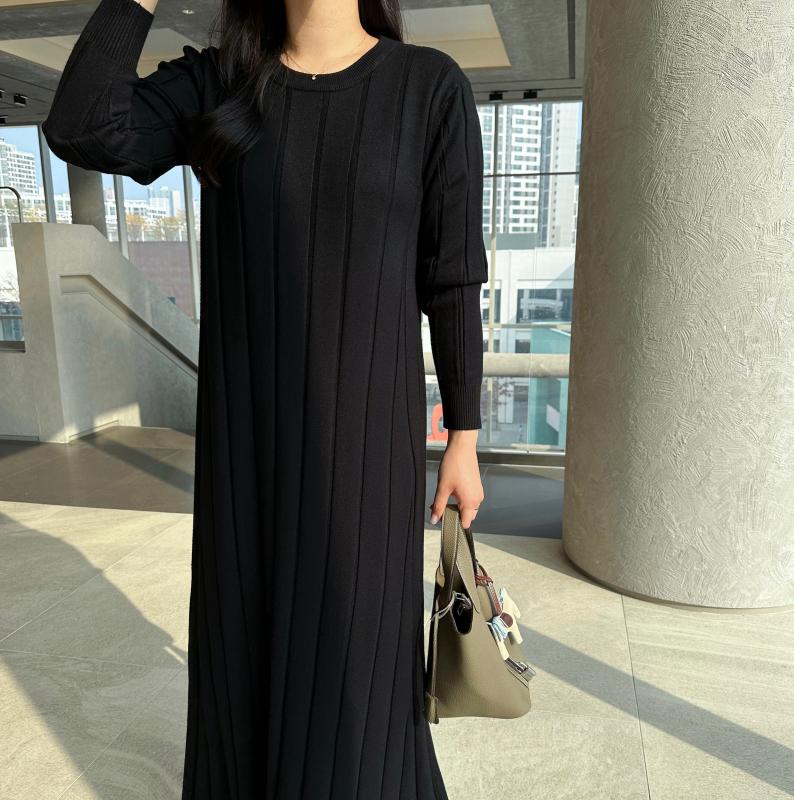 겨울 원피스 하객 플리츠 골지 A라인 맥시 롱 니트 원피스