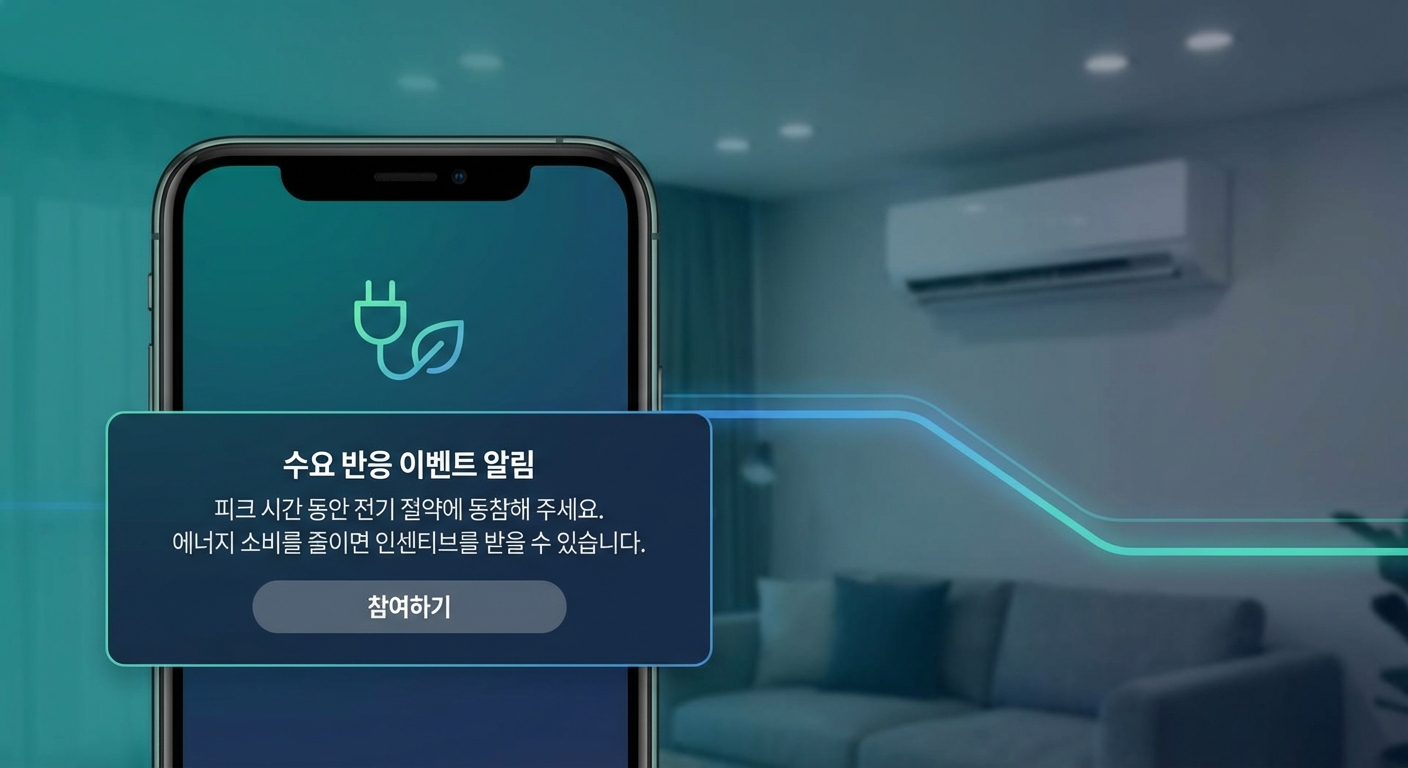 스마트폰 앱에서 전력 사용 절감 요청 알림을 확인하는 모습.