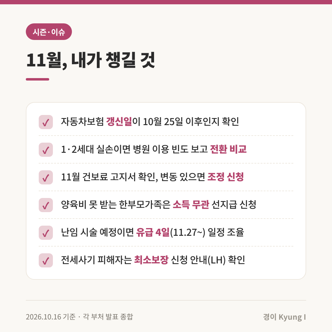 11월에 내가 챙길 것 체크리스트: 자동차보험 갱신일 확인, 1&middot;2세대 실손 전환 비교, 11월 건보료 조정 신청, 양육비 소득 무관 선지급 신청, 난임휴가 유급 4일 일정 조율, 전세사기 최소보장 신청 안내 확인