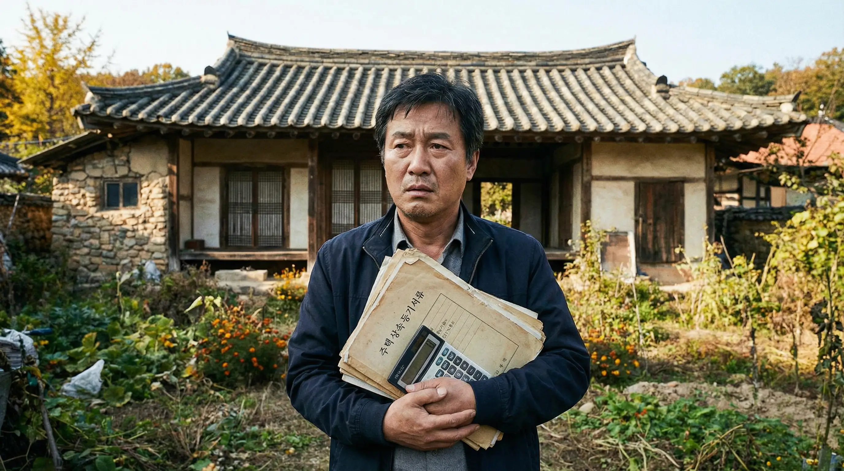 상속받은 주택 서류와 계산기를 들고 세금 문제를 고민하는 상속인의 모습, 배경에는 낡은 고향 집이 보임