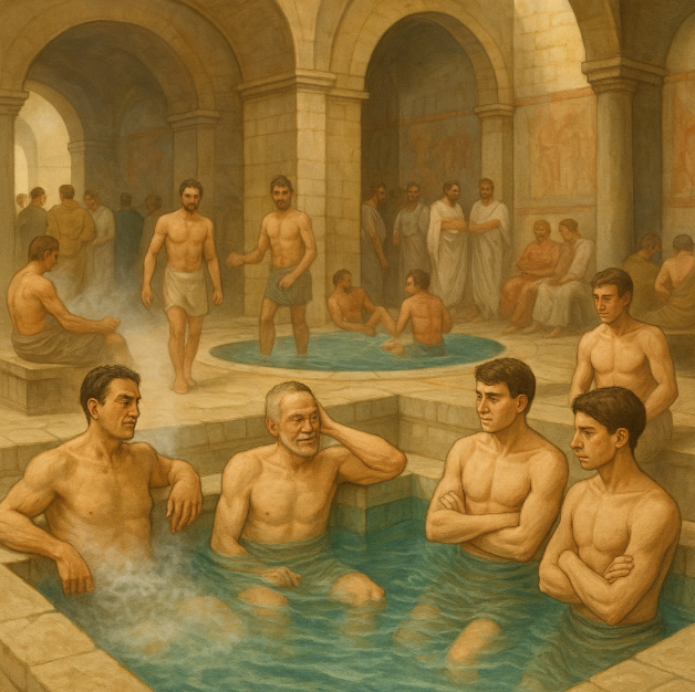 로마 시민들이 테르마에의 뜨거운 욕조와 차가운 풀에서 번갈아 몸을 담그는 장면