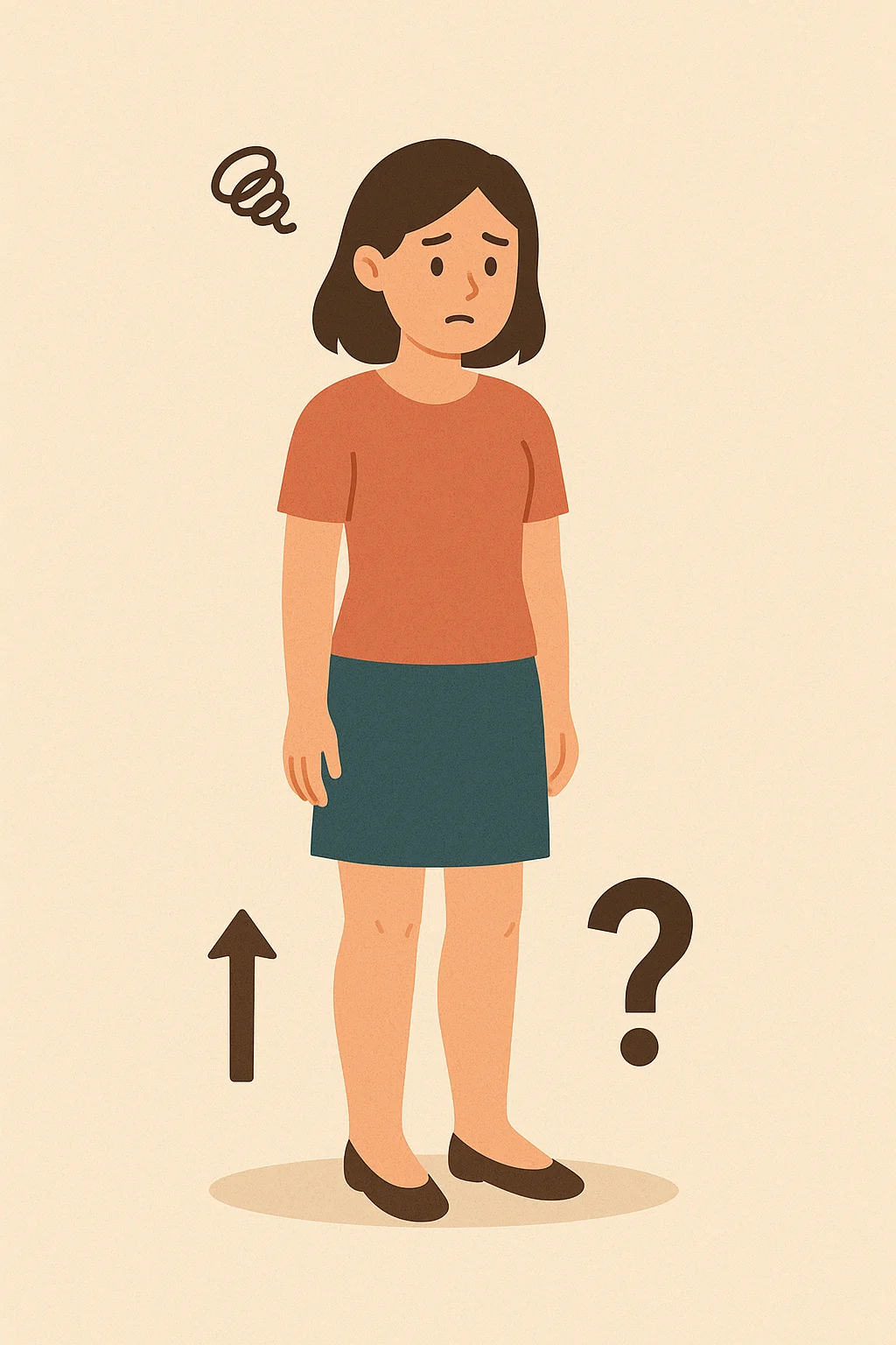 오래 서 있으면 다리가 굵어지는지에 대해 고민하는 여성을 묘사한 일러스트. 질문 부호와 방향 화살표가 함께 표현됨.