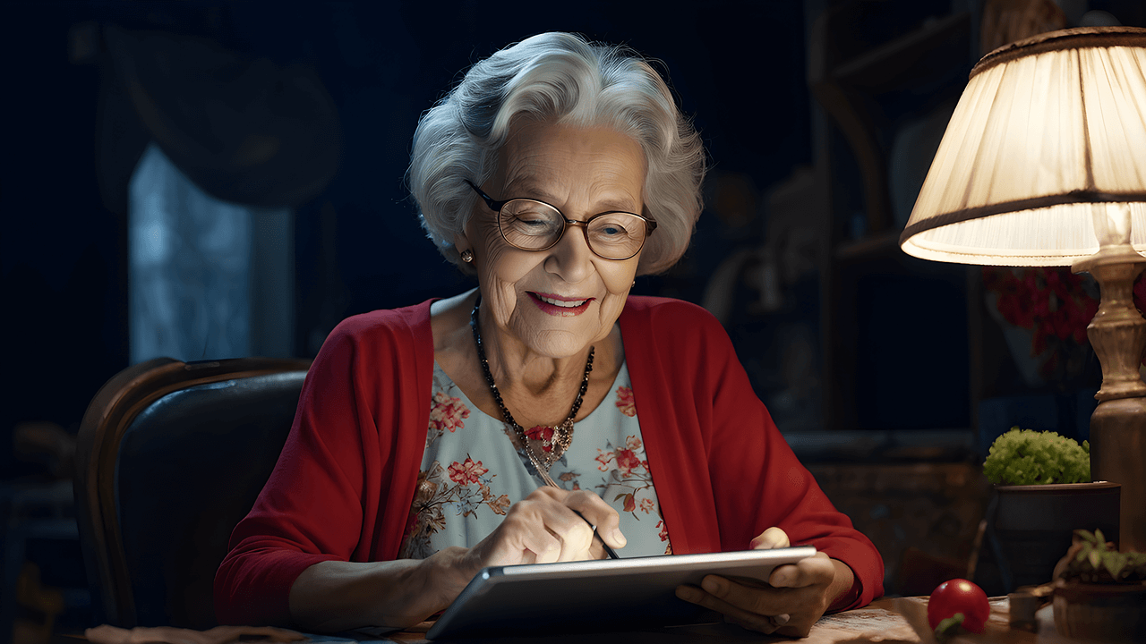 스탠드 조명 아래에서 태블릿을 사용해 요금제 신청 절차를 살펴보는 고령 여성