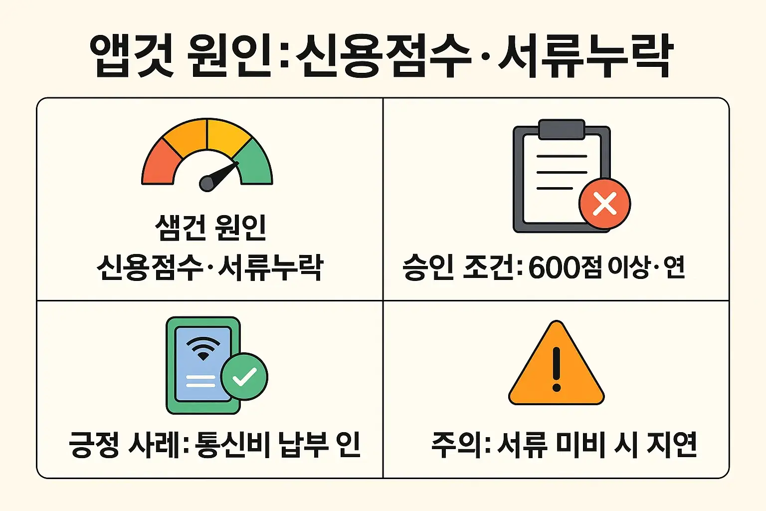 햇살론유스 대출 심사 탈락 원인은 신용점수와 서류 누락, 승인 조건은 600점 이상, 긍정 사례는 통신비 납부 이력, 주의사항은 서류 미비 시 지연된다는 점을 담은 인포그래픽입니다.