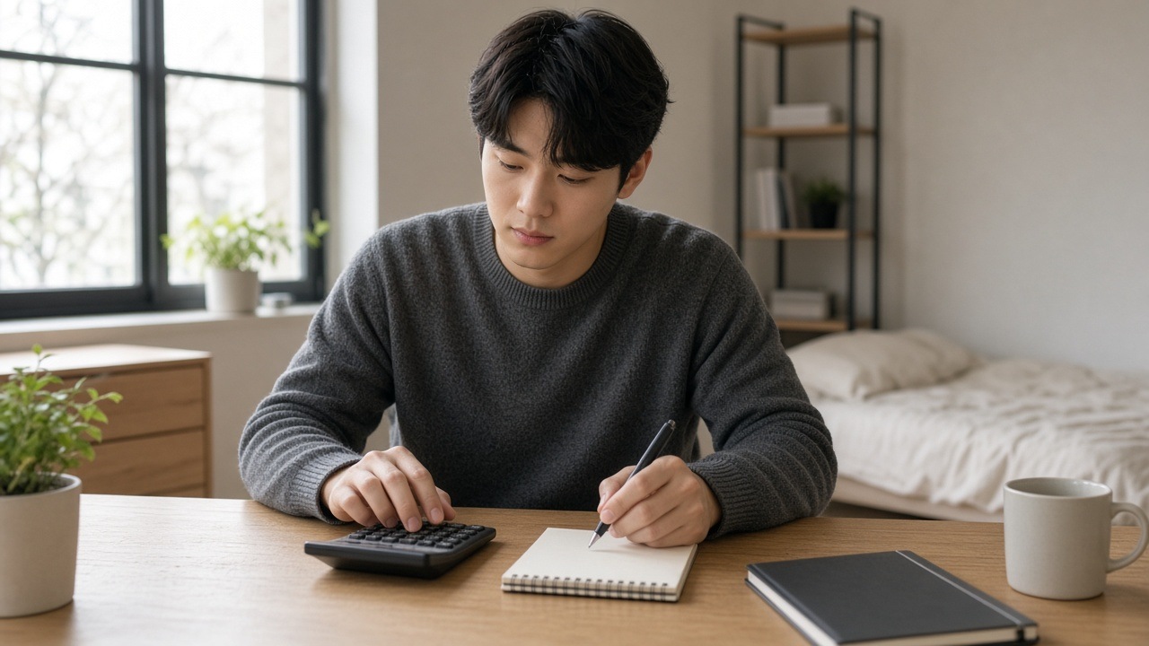 계산기로 월세 환급 예상액을 계산하는 20대 한국인 남성