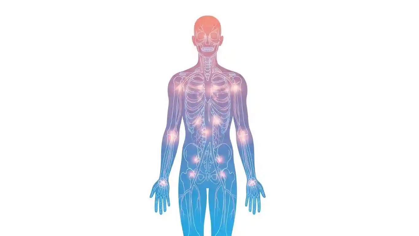 피부·뼈·관절·혈관에 콜라겐이 퍼져 있는 모습을 도식화한 인체 일러스트