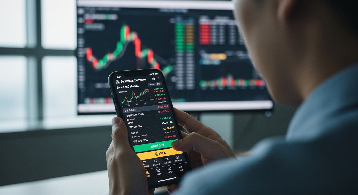 증권사 앱에서 KRX 금시장의 실시간 금 시세를 확인하며 거래하는 모습: KRX 금시장 거래 방법을 상징