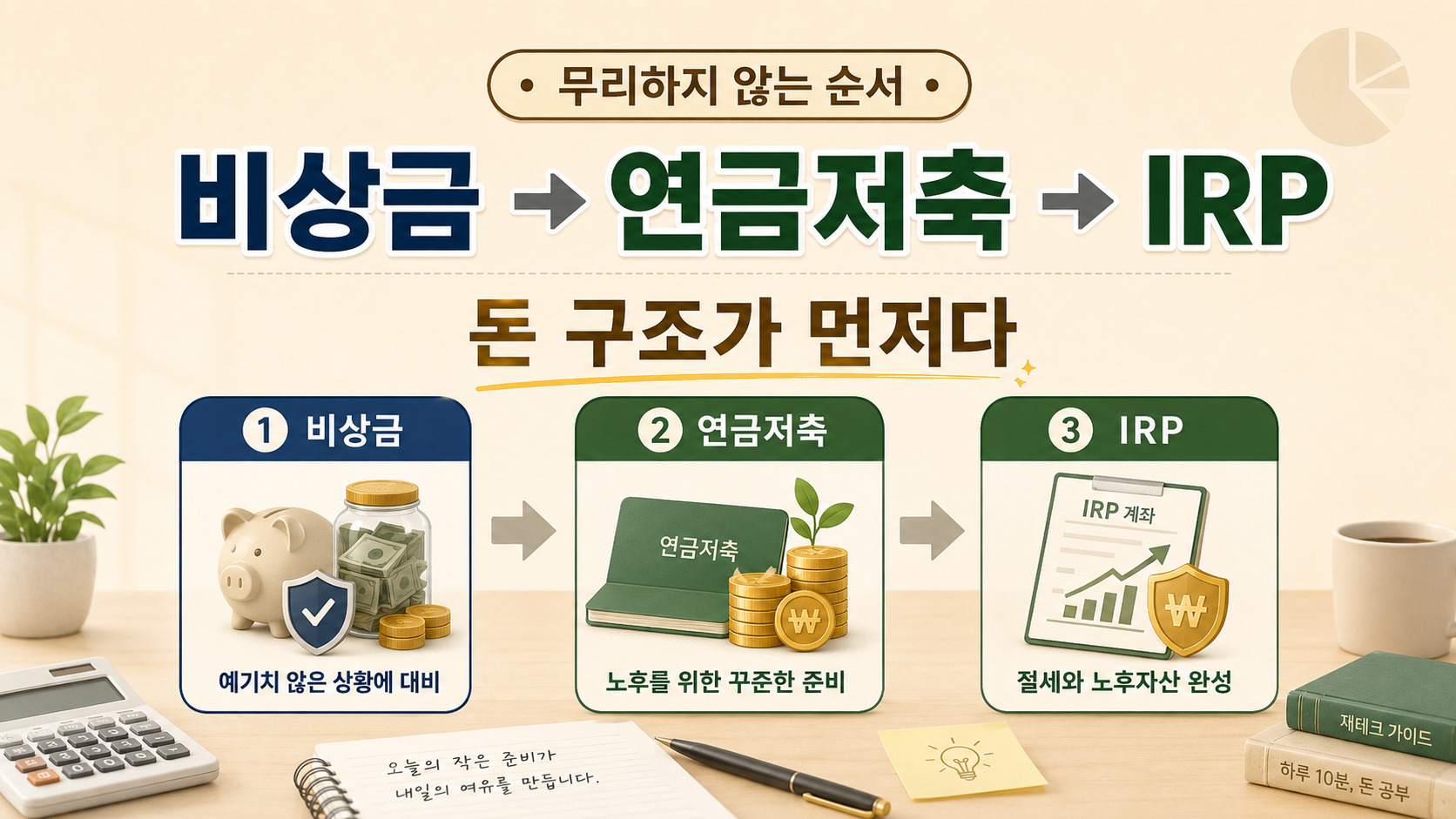직장인이 비상금을 먼저 만들고 연금저축과 IRP를 순서대로 준비하는 돈 구조정리 이미지