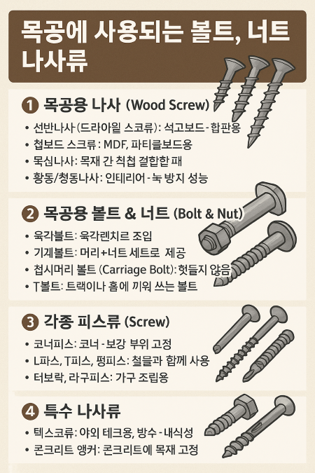 목공에 사용되는 볼트, 너트, 나사류의 종류와 용도를 일러스트와 함께 구분해 설명한 한국어 인포그래픽, 각 항목별 설명과 예시 그림 포함.