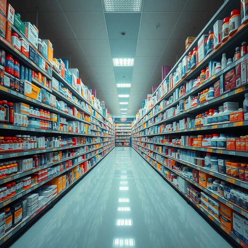 통로를 따라 길게 늘어선 약품 진열대를 보여주세요. 다양한 종류의 약과 건강 관련 제품들이 빼곡하게 채워져 있어, 마치 대형 마트의 진열대처럼 느껴지게 표현합니다.