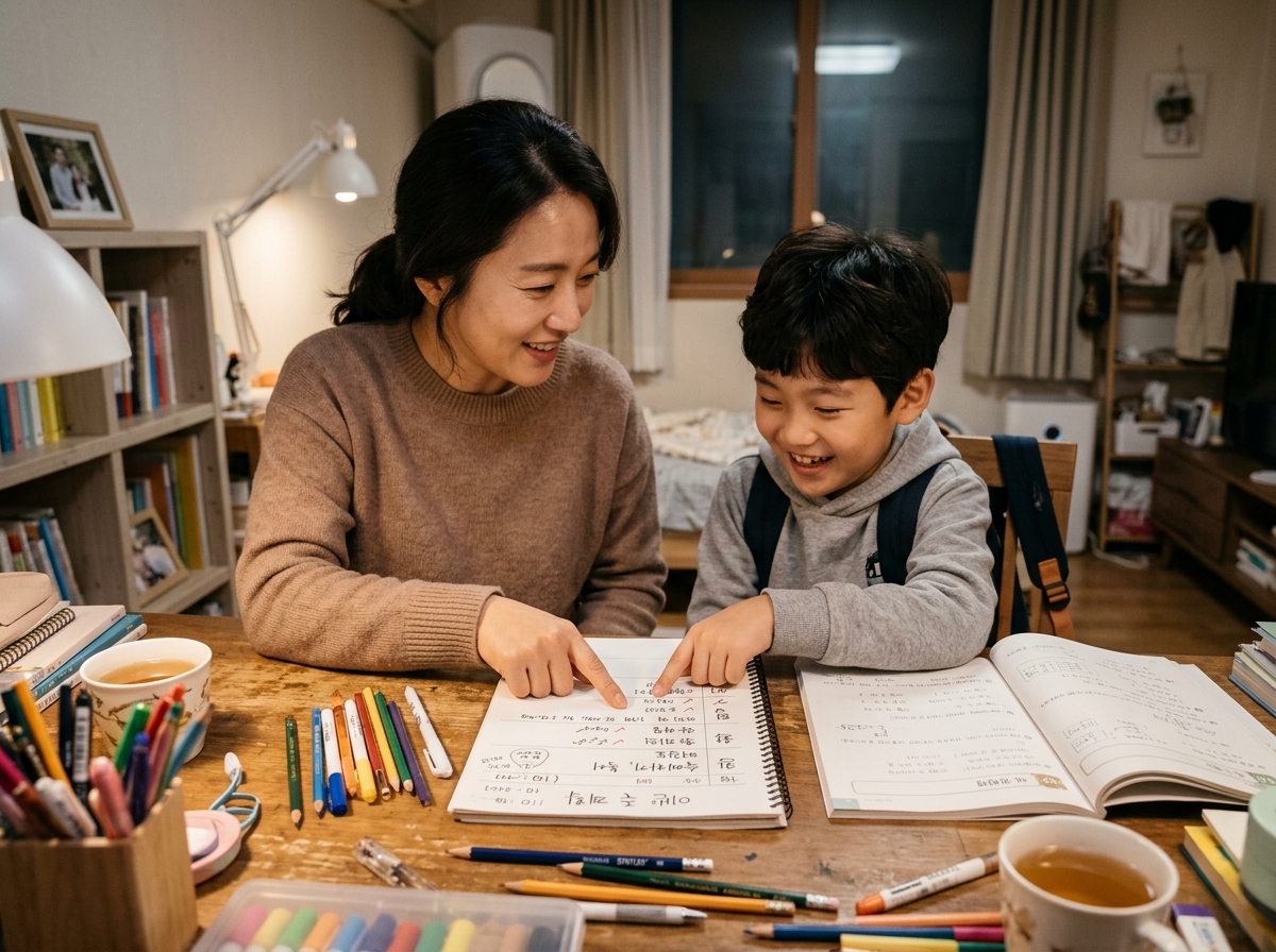 부모님과 초등 자녀가 함께 주간 학습 계획표 또는 체크리스트를 점검하는 모습