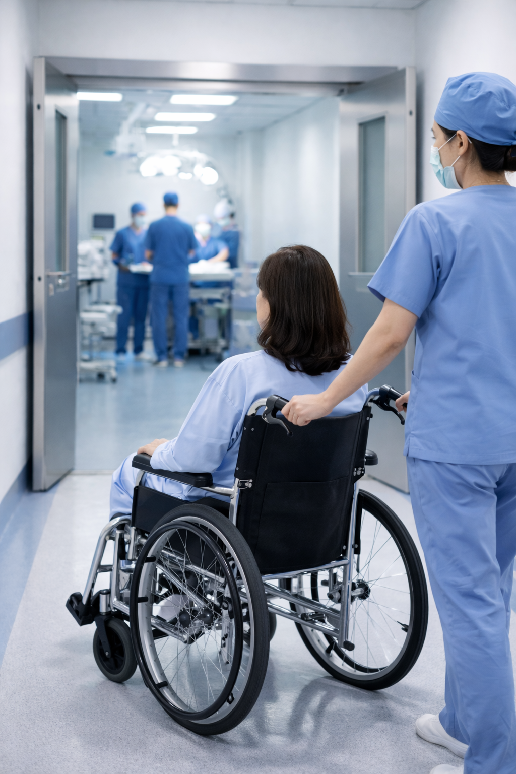 뇌수막종 수술을 위해 휠체어를 타고 수술실 입구로 향하는 환자의 뒷모습과 병원 복도 전경