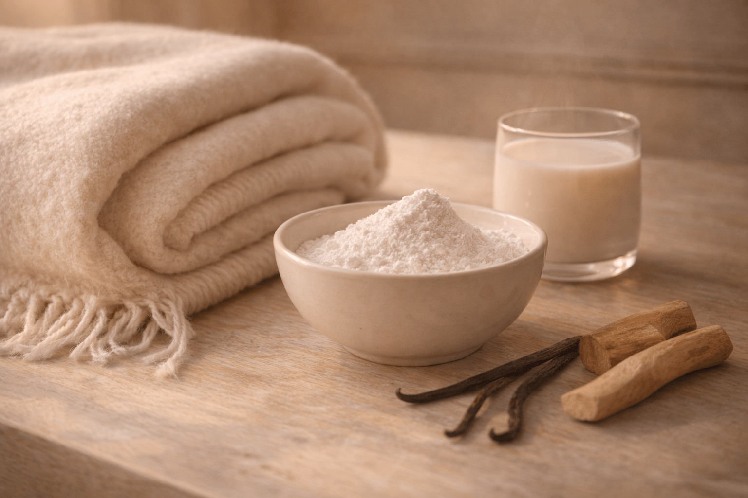 따뜻한 저녁빛 아래 나무 테이블 위에 접힌 아이보리 캐시미어 담요와 베이비 파우더가 담긴 그릇, 따뜻한 우유 한 잔과 바닐라 빈, 샌달우드 조각이 놓인 실내 정물 사진, 머스크와 바닐라의 파우더리하고 밀착형 잔향을 표현한 이미지