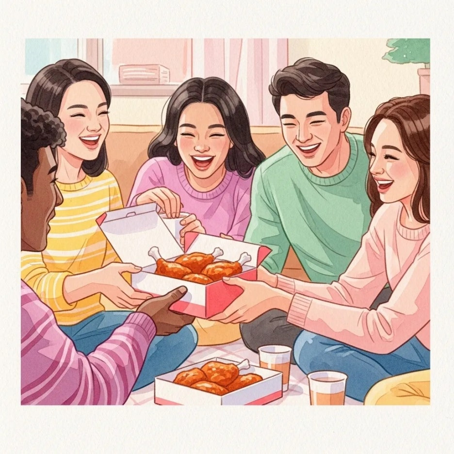 친구들과 함께 치킨을 즐기는 즐거운 순간