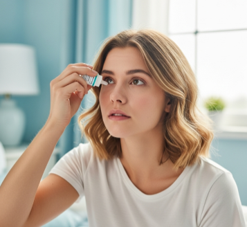 눈에 인공눈물을 넣고 있는 여인의 모습