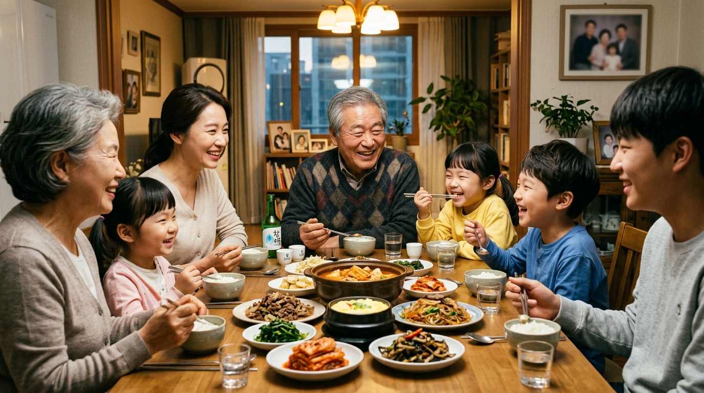 가족과 함께 건강한 식사를 즐기는 한국 어르신의 밝고 희망적인 모습