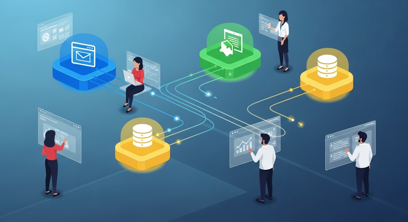 다양한 로우코드/노코드 플랫폼들이 서로 연결되어 데이터가 오가고 업무가 자동화되는 모습을 시각화한 일러스트. 비개발자들이 협업하며 아이디어를 실현하는 모습.