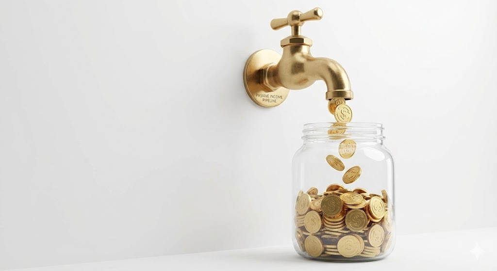 수도꼭지에서 물 대신 황금 동전(배당금)이 끊임없이 흘러나와 커다란 저축통에 차곡차곡 쌓이는 시각적 효과