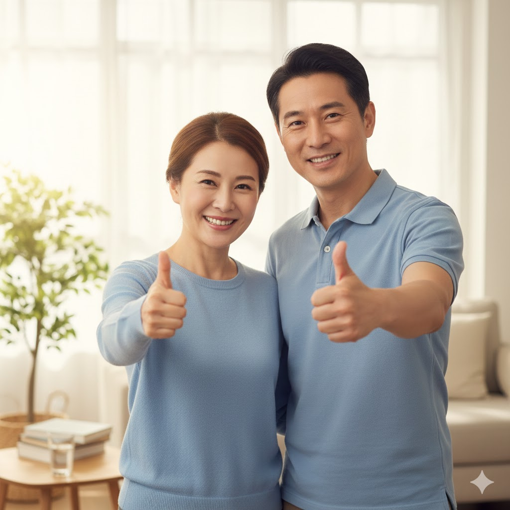 활짝 웃으며 엄지를 치켜세운 건강한 40대 여성/남성의 모습