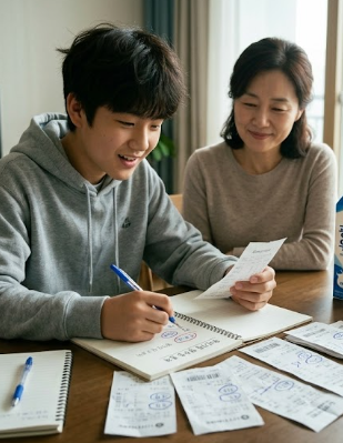 영수증 단어 빈도수를 분석하며 규칙을 찾는 아들과 엄마