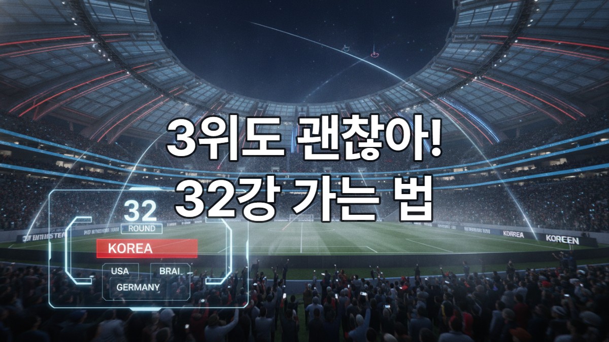 2026 월드컵 32강 진출을 상징하는 미래형 축구 경기장과 대진표 디지털 전광판 이미지