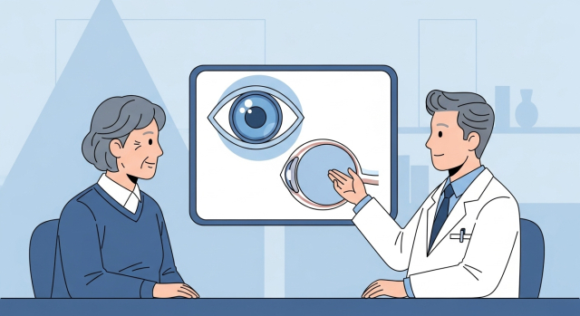 50대 이후 백내장&middot;인공수정체 수술 옵션을 상담하는 장면