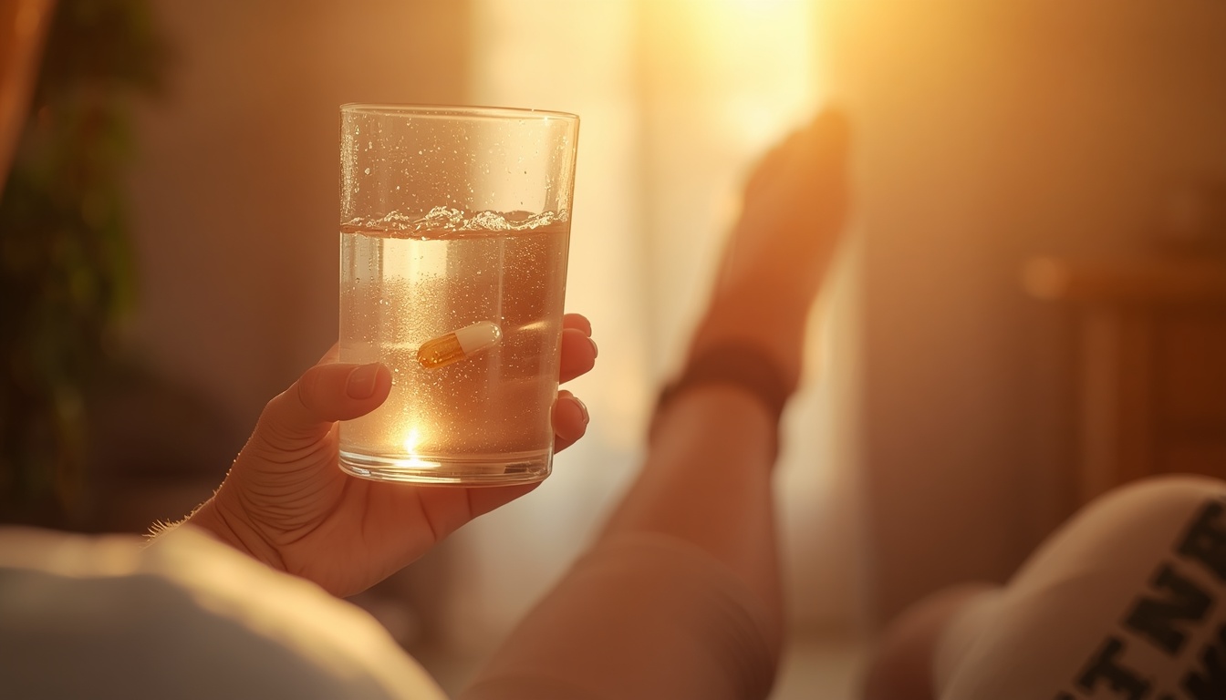 A sunlit warm image of a person holding a vitamin capsule representing accessible health and wellness