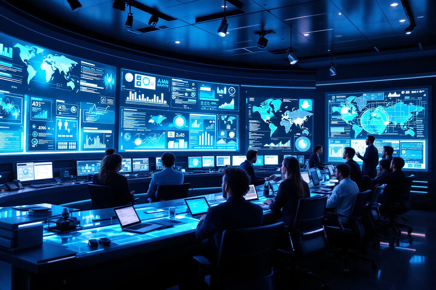 Palantir(팔란티어)의 AI 플랫폼을 운영하는 통제실. 세계 지도와 분석 데이터를 보여주는 다수의 디스플레이가 기술적 환경을 강조
