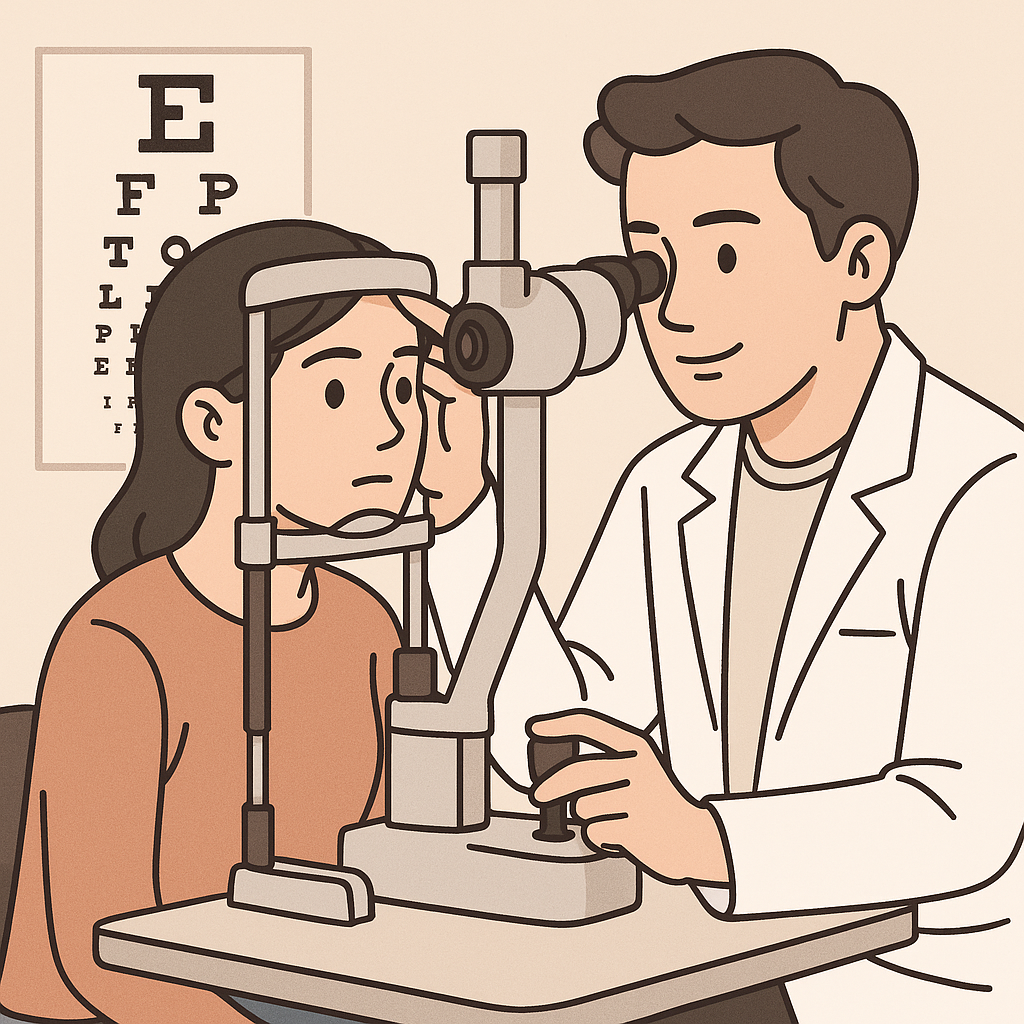 안과 의사가 백내장 상태 설명중