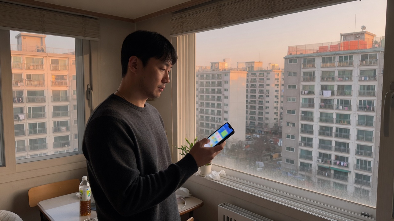 아파트 창가에서 휴대폰 앱을 보는 장면
