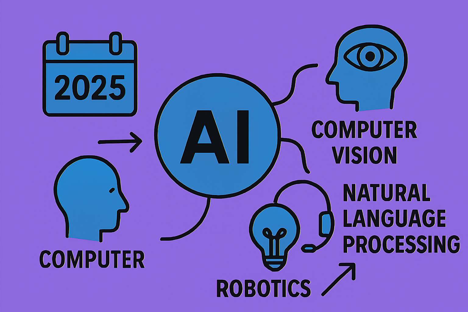 2025년 AI 기술 종류와 활용 사례를 시각적으로 정리한 일러스트