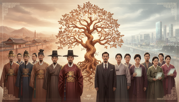 신라시대부터 2025년 현대까지 이어진 경주 이씨의 유구한 역사와 다양한 파를 상징하는 가족 계보 그림.