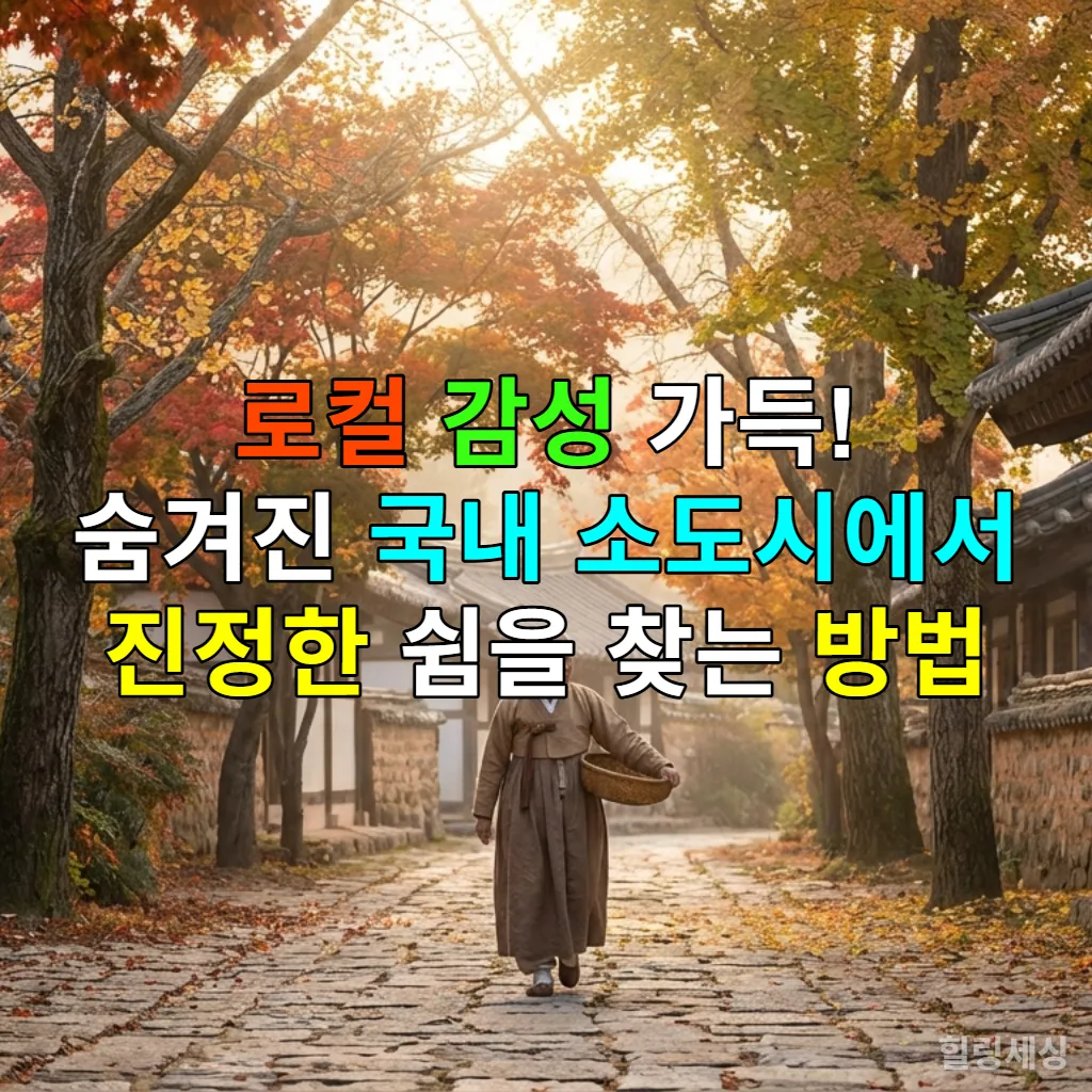 가을 단풍이 아름다운 한국의 한적한 소도시 골목길에서 한복을 입은 노인이 걷고 있는 평화로운 풍경