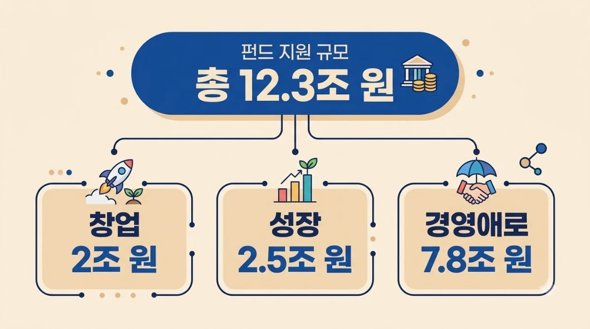 12.3조 원의 자금 구조(창업 2조 원, 성장 2.5조 원, 경영애로 7.8조 원)를 보여주는 깔끔한 인포그래픽.